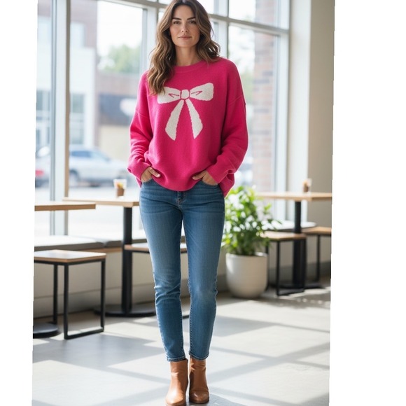 CeCe Sweaters - CeCe Hot Pink Bow Knit‎ Sweater Women's Small, Acrylic Blend NWT Valentine's Day